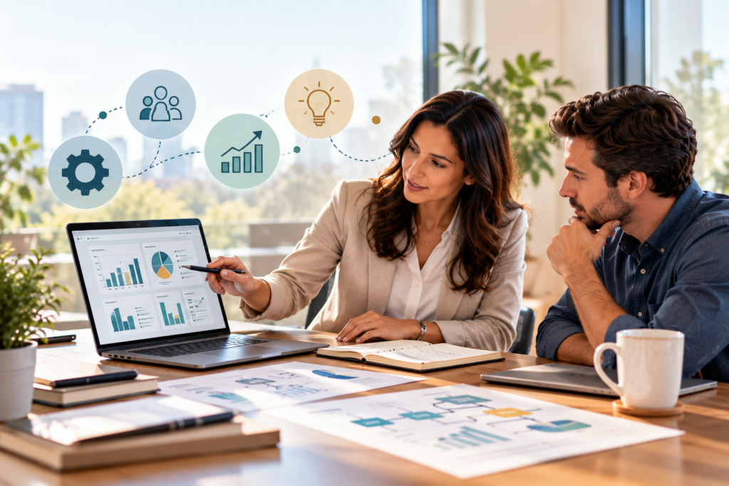 Operational consultant reviewing business performance charts and workflow reports with a small business owner in a modern office.