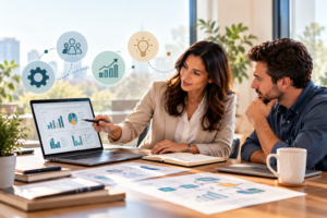 Operational consultant reviewing business performance charts and workflow reports with a small business owner in a modern office.