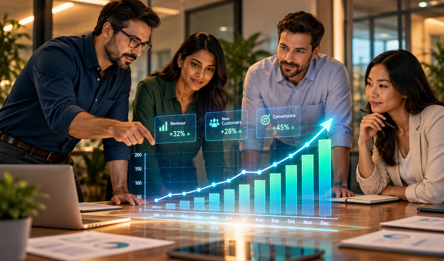 Diverse leadership team analyzing a glowing upward-trending data graph during a business meeting.