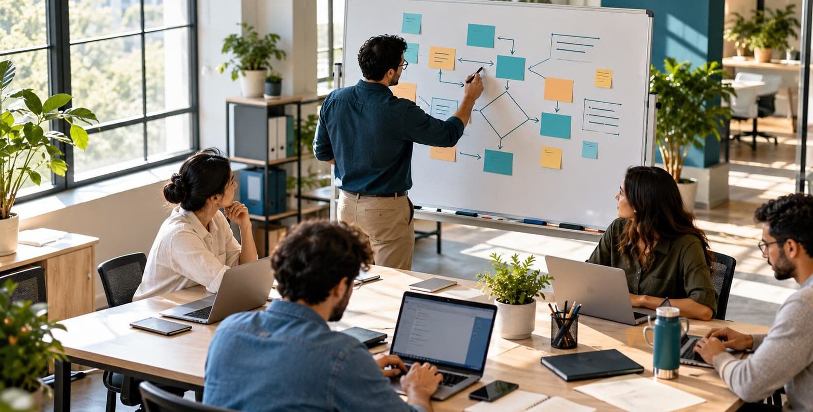A small-business founder maps a workflow on a whiteboard while team members collaborate at laptops in a bright, modern office.