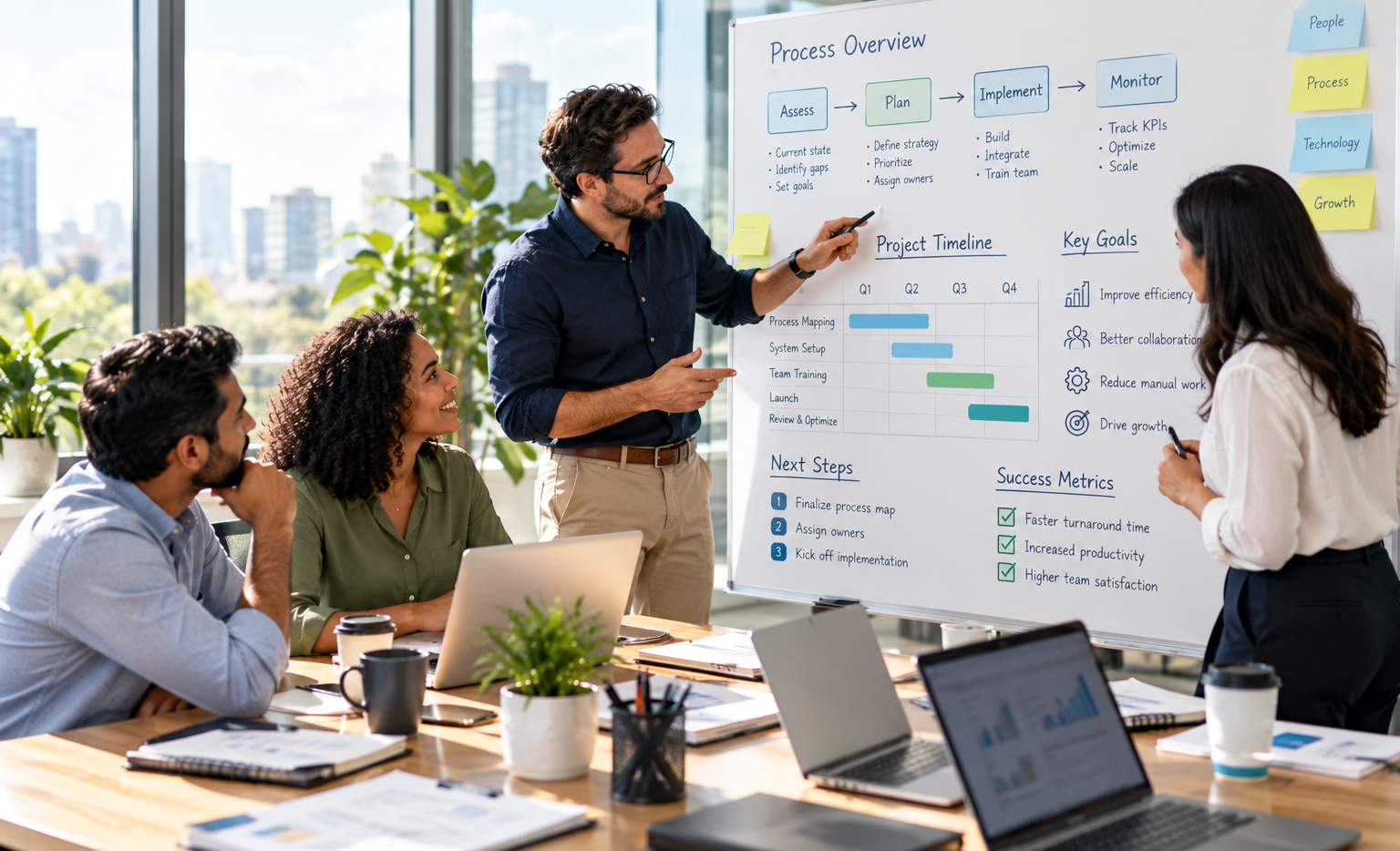 Diverse business team and consultant collaborating around a whiteboard with process diagrams and a project timeline in a bright modern office.