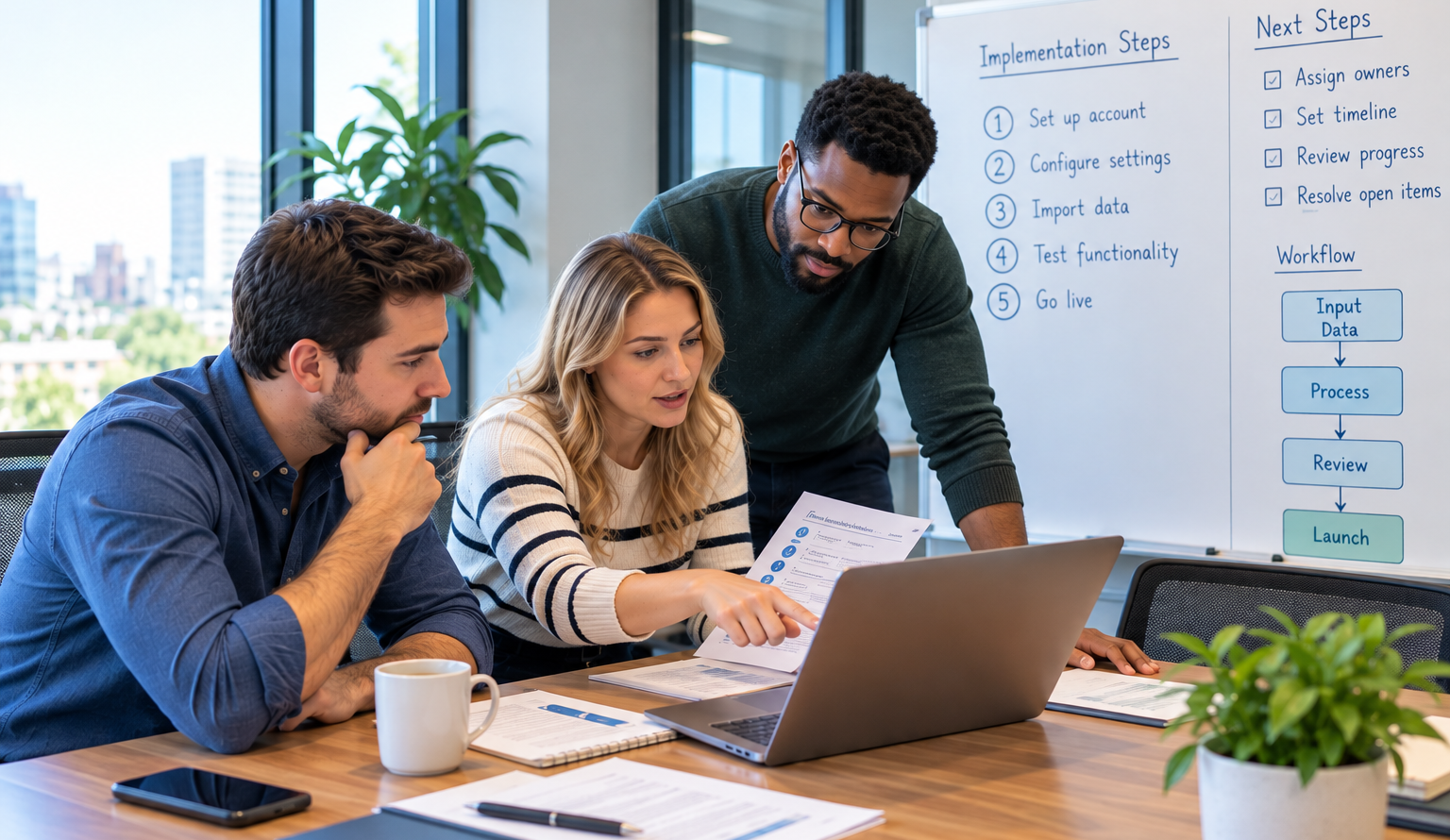 Three American coworkers reviewing printed instructions and a laptop while discussing implementation steps beside a whiteboard with workflow diagrams in a modern meeting room.