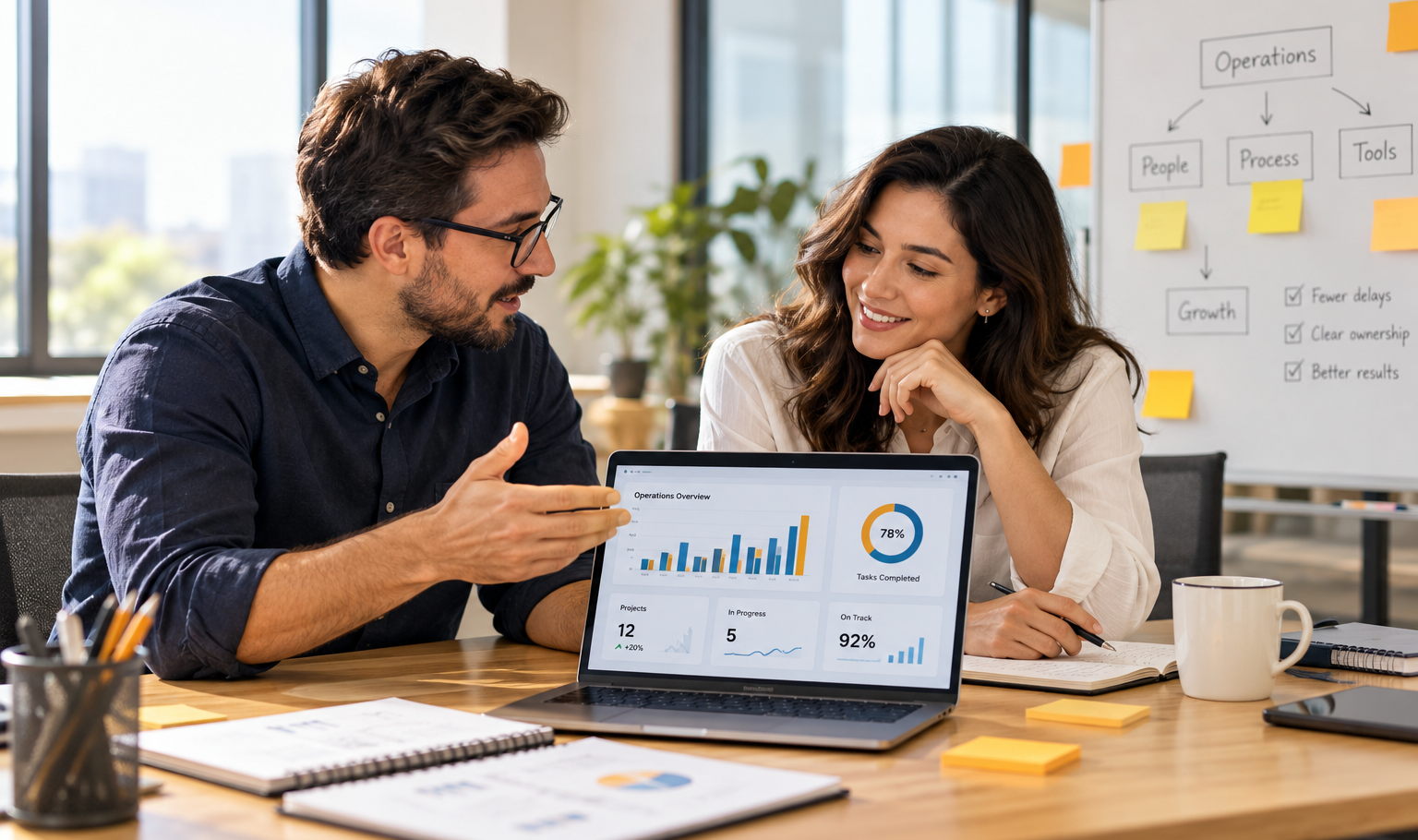 Business advisor and small-business founder reviewing operational dashboards on a laptop in a bright modern office.