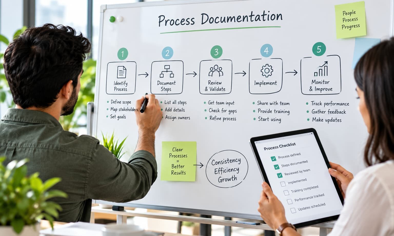 Team documenting a business process on a whiteboard while reviewing a checklist on a tablet.