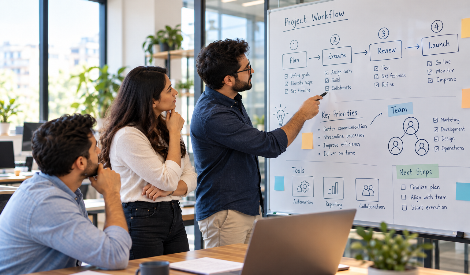 Small-business founder and two team members discussing workflow diagrams, project priorities, and next steps on a whiteboard in a modern office.