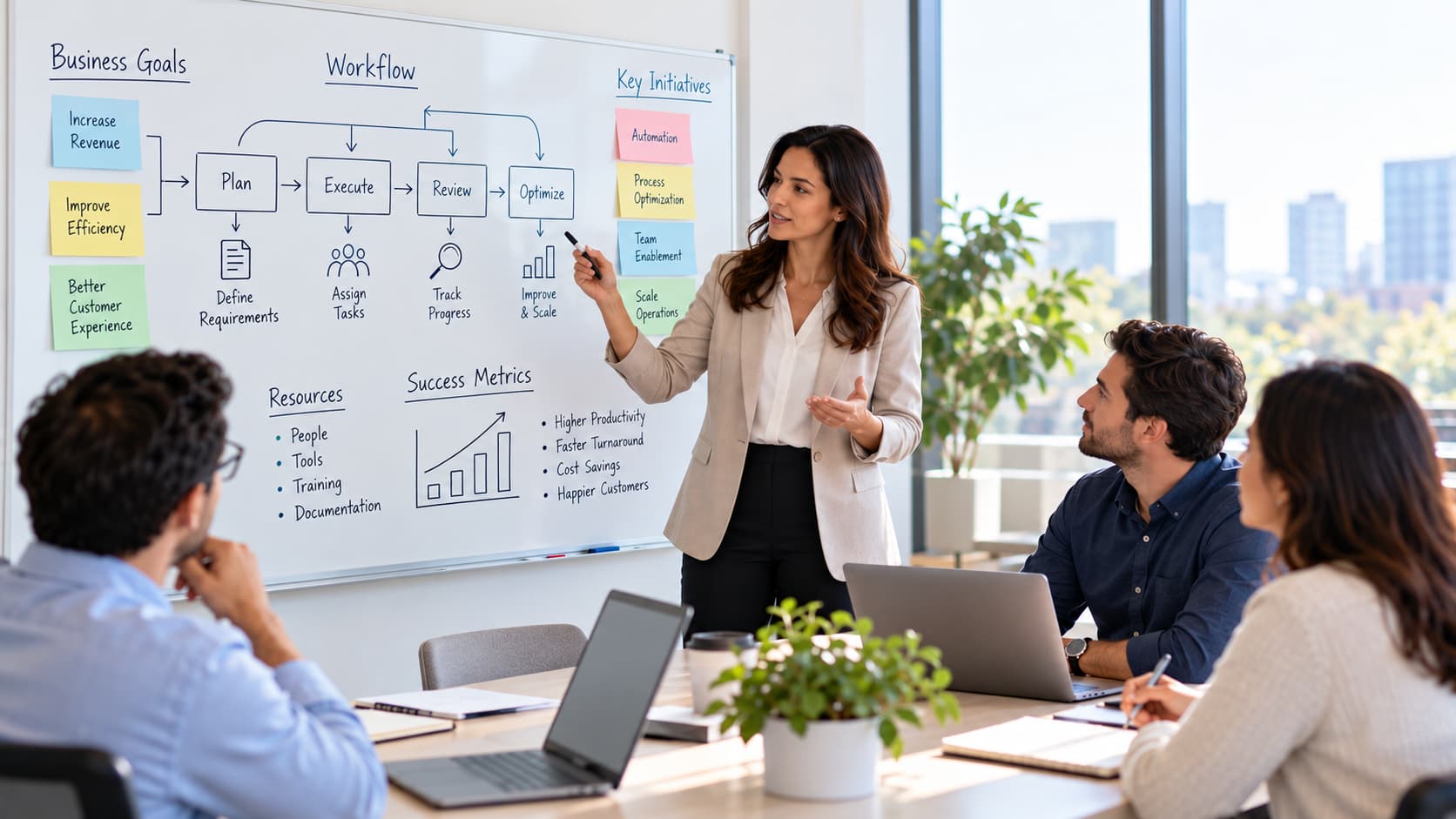 Business consultant explaining workflow diagrams and process optimization on a whiteboard to a small business team in a modern office.