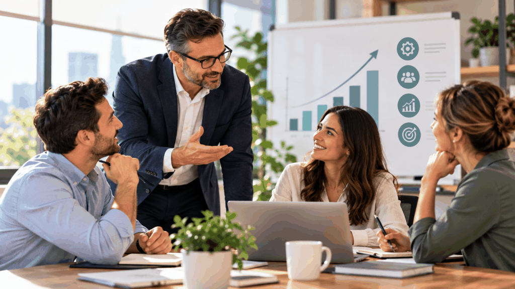 Fractional executive collaborating with a business team in a modern office, discussing growth strategies beside a whiteboard displaying an upward-trending business performance chart.