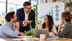 Fractional executive collaborating with a business team in a modern office, discussing growth strategies beside a whiteboard displaying an upward-trending business performance chart.