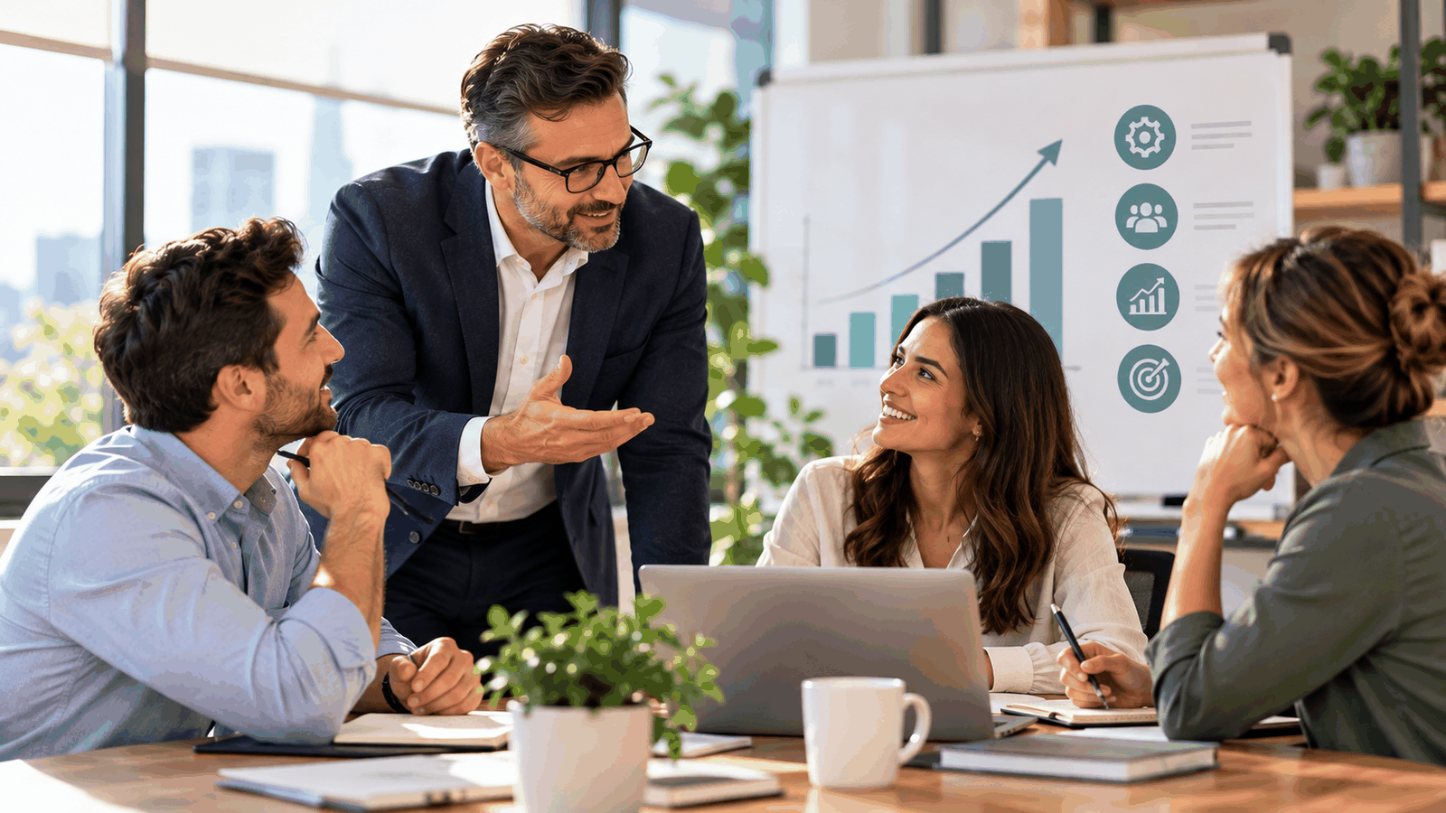 Fractional executive collaborating with a business team in a modern office, discussing growth strategies beside a whiteboard displaying an upward-trending business performance chart.