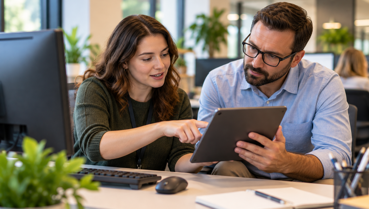 Manager and frontline employee collaborating at an office workstation while reviewing a task on a tablet.