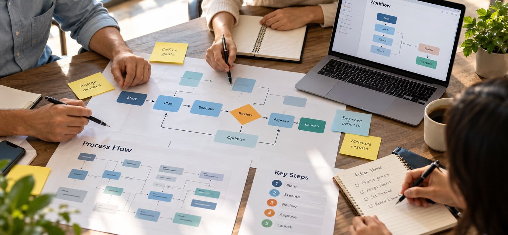 Business team collaborating around a table with workflow charts, sticky notes, and a laptop displaying a documented process.