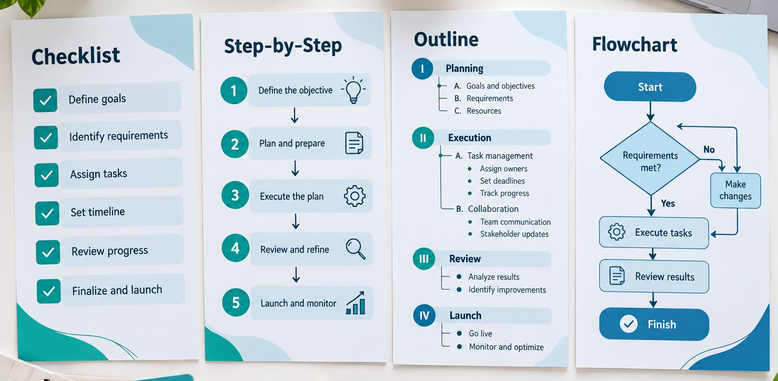 Four business document formats arranged side by side on a white desk, featuring a checklist, numbered step-by-step list, hierarchical outline, and branching flowchart in teal, light blue, and blue.