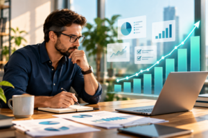Business founder analyzing performance data and an upward-trending growth chart on a laptop in a modern office.