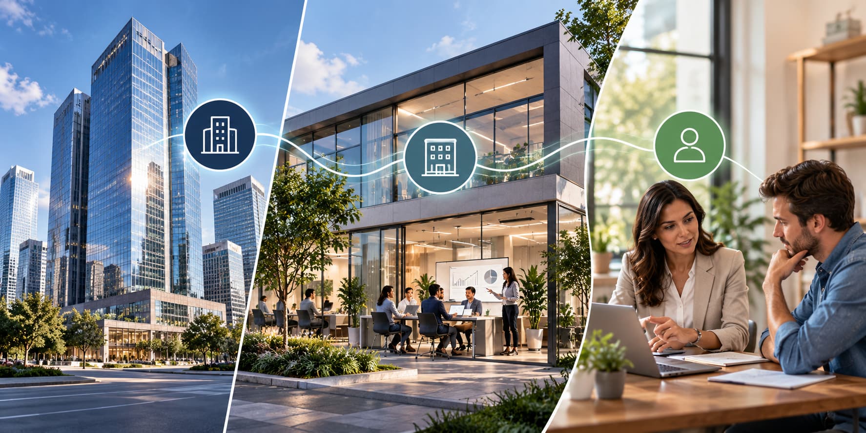Split-scene illustration of a corporate headquarters, a mid-sized consulting firm, and an independent consultant advising a small business owner, connected by flowing lines.