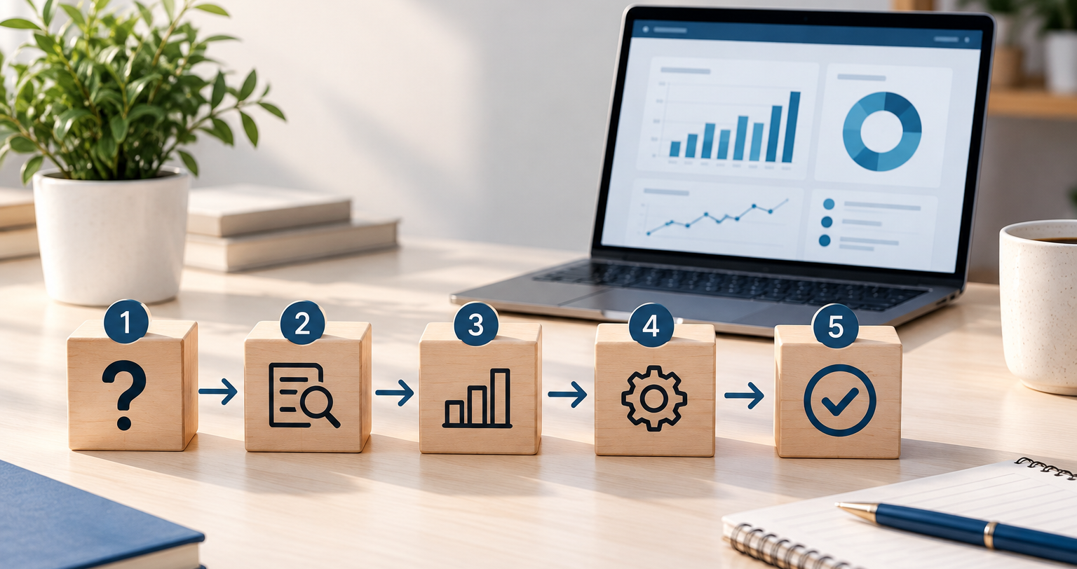 Five numbered wooden blocks illustrating a step-by-step process from a question mark to a checkmark beside a laptop dashboard.