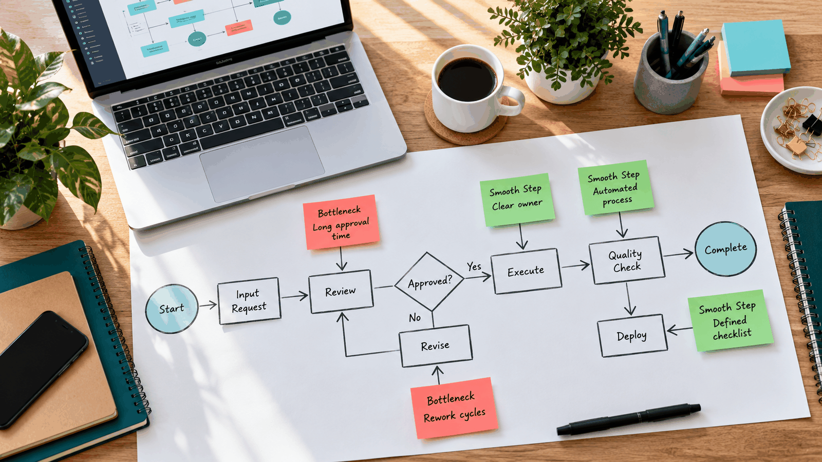 Top-down view of a desk with a hand-drawn business process flowchart, red sticky notes marking bottlenecks, green notes highlighting efficient steps, and a laptop displaying a workflow diagram.
