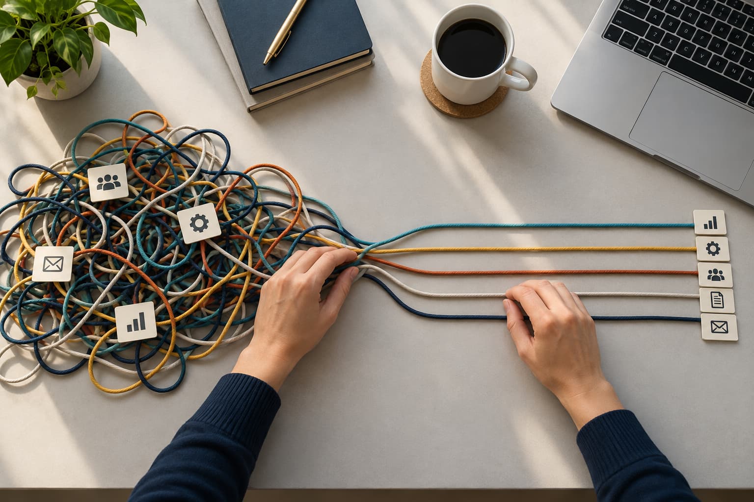 Hands untangling colorful strings and arranging them into parallel lines on a wooden office desk, symbolizing streamlined business workflows and operational efficiency.
