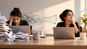 Business professional transitioning from a cluttered workspace to an organized desk, illustrating workflow optimization and improved productivity.