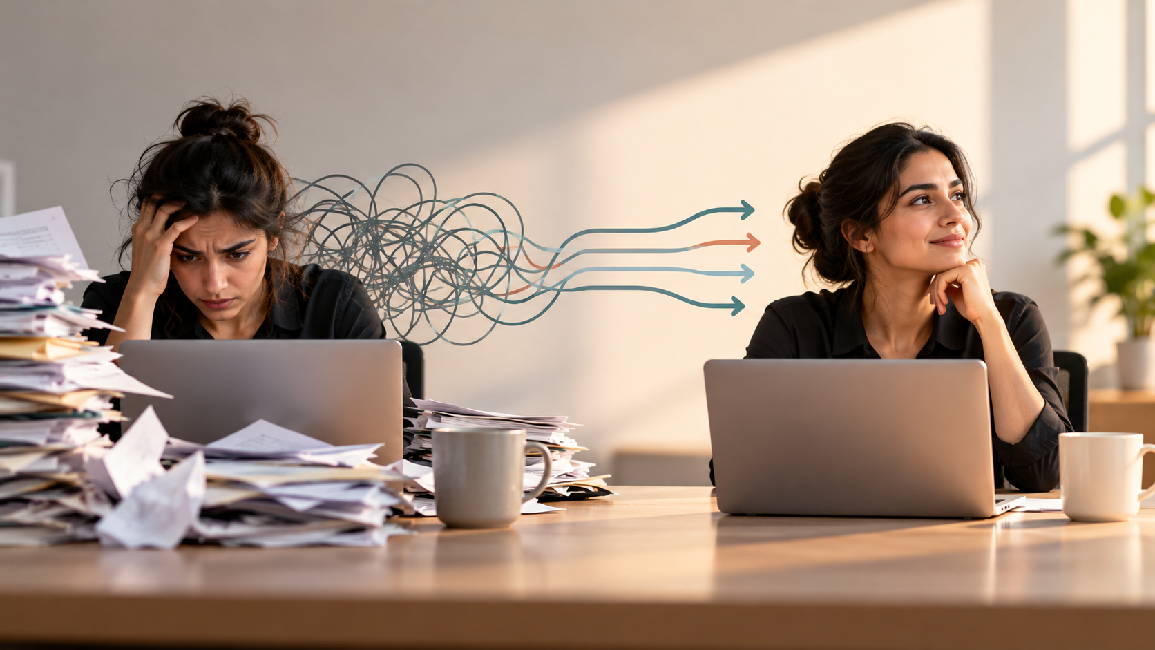 Business professional transitioning from a cluttered workspace to an organized desk, illustrating workflow optimization and improved productivity.