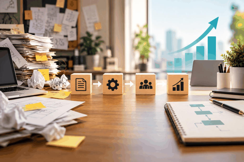 Office desk contrasting scattered paperwork with an organized workspace, featuring workflow icons and a rising growth chart to represent streamlined business processes and scalable growth.