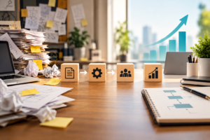 Office desk contrasting scattered paperwork with an organized workspace, featuring workflow icons and a rising growth chart to represent streamlined business processes and scalable growth.