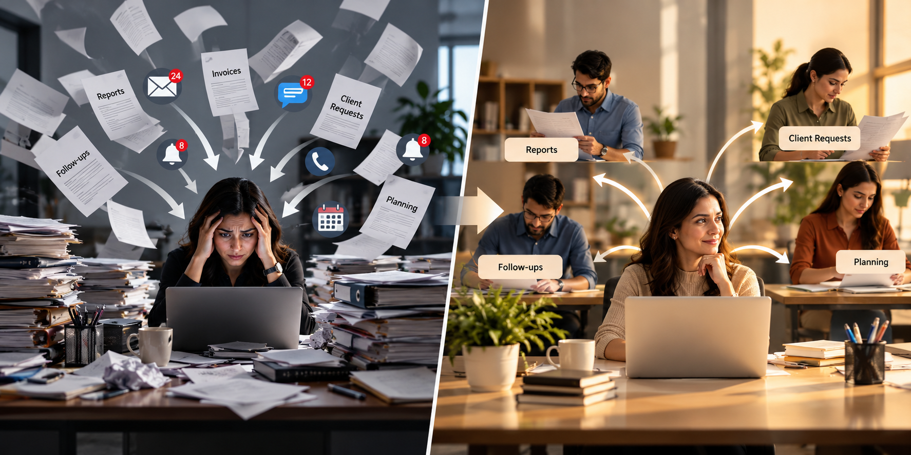 Split-screen office scene showing an overwhelmed business owner surrounded by paperwork and notifications on one side, and a calm business owner delegating tasks to team members in an organized workspace on the other.