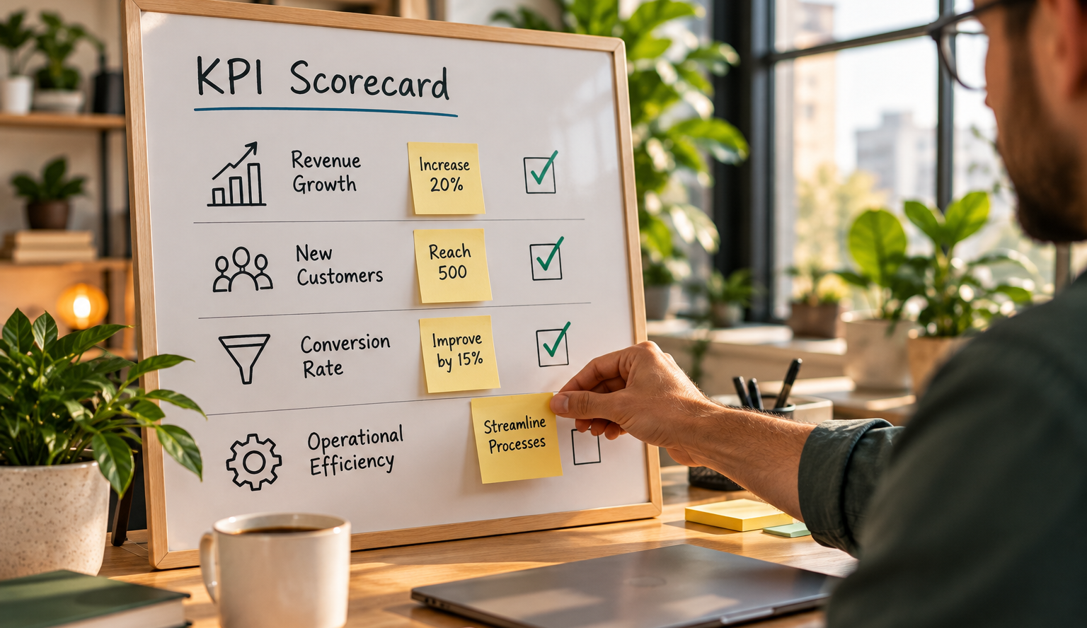 Founder placing a sticky note on a KPI scorecard with four business performance rows and checkmarks.