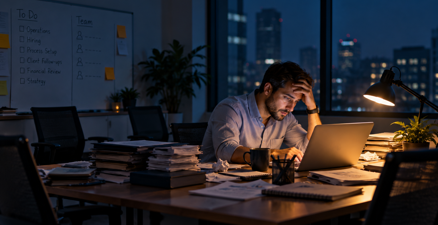 A small-business founder sits alone at a cluttered office desk late at night, working on a laptop amid stacks of paperwork, folders, and unfinished tasks. Empty office chairs emphasize isolation, while cool blue lighting from the windows contrasts with the warm glow of a desk lamp. The scene illustrates founder burnout, operational overload, and the challenges of managing every aspect of a growing business.