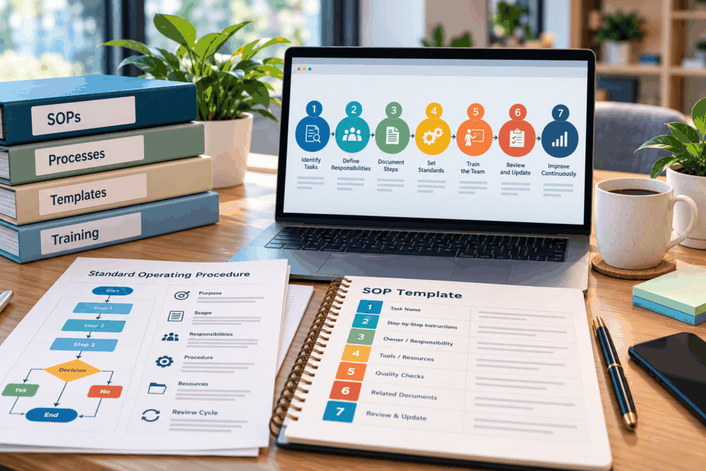 Business SOP documentation workspace with a laptop showing seven steps for writing standard operating procedures, an SOP template, a process flowchart, and organized reference binders.