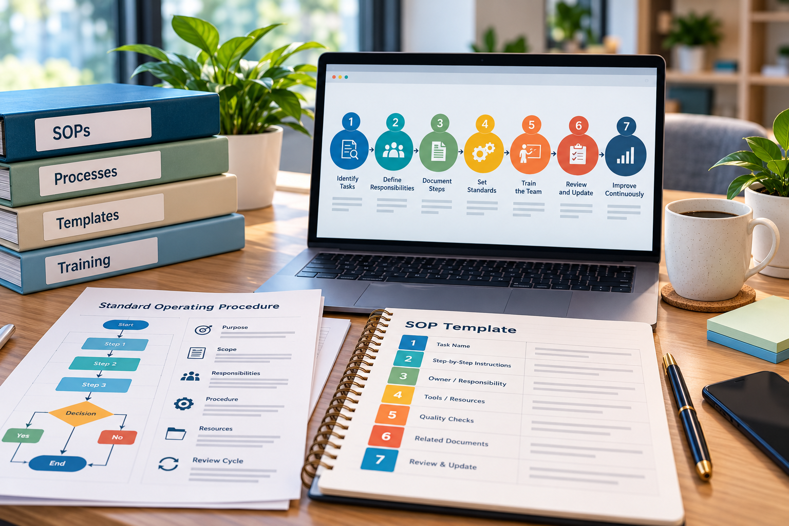 Business SOP documentation workspace with a laptop showing seven steps for writing standard operating procedures, an SOP template, a process flowchart, and organized reference binders.
