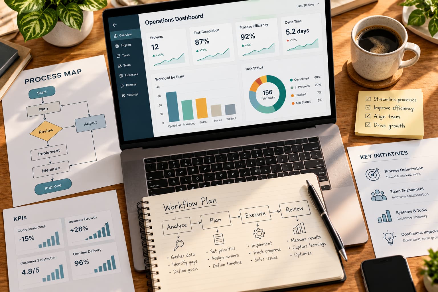 Laptop displaying a business operations dashboard with KPIs, performance charts, workflow diagrams, and process optimization documents on a wooden desk.