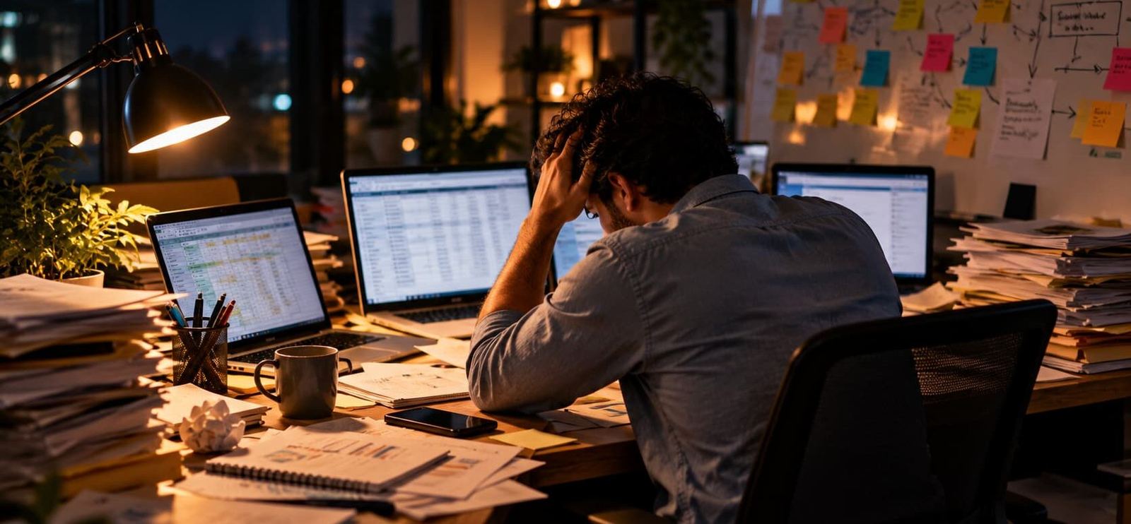 A stressed small-business founder sits at a cluttered desk late at night, surrounded by paperwork, multiple laptop screens showing spreadsheets, and a wall covered with scattered sticky notes.