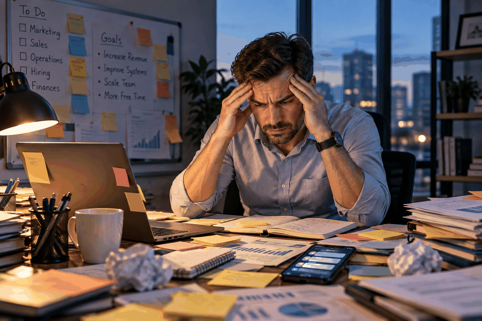 Stressed American small-business founder rubbing his temples at a cluttered desk with open spreadsheets, scattered sticky notes, paperwork, and a phone showing notifications under a warm desk lamp.