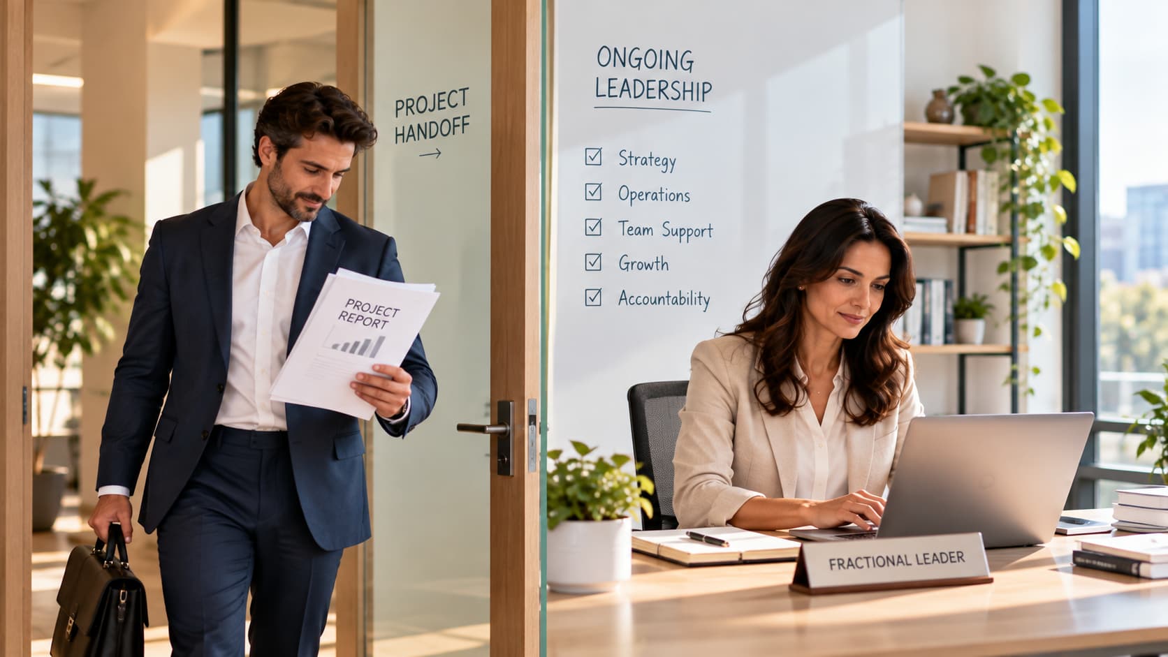 Professional consultant leaving with a completed project report and briefcase beside a fractional leader working at her desk, illustrating project-based consulting versus ongoing leadership.