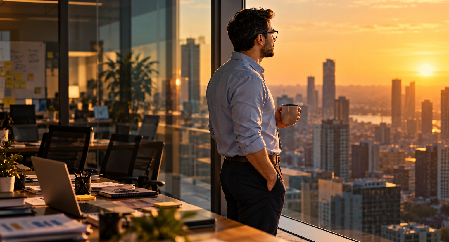Business founder holding a coffee and looking thoughtfully over a city skyline from a modern office window at sunset.