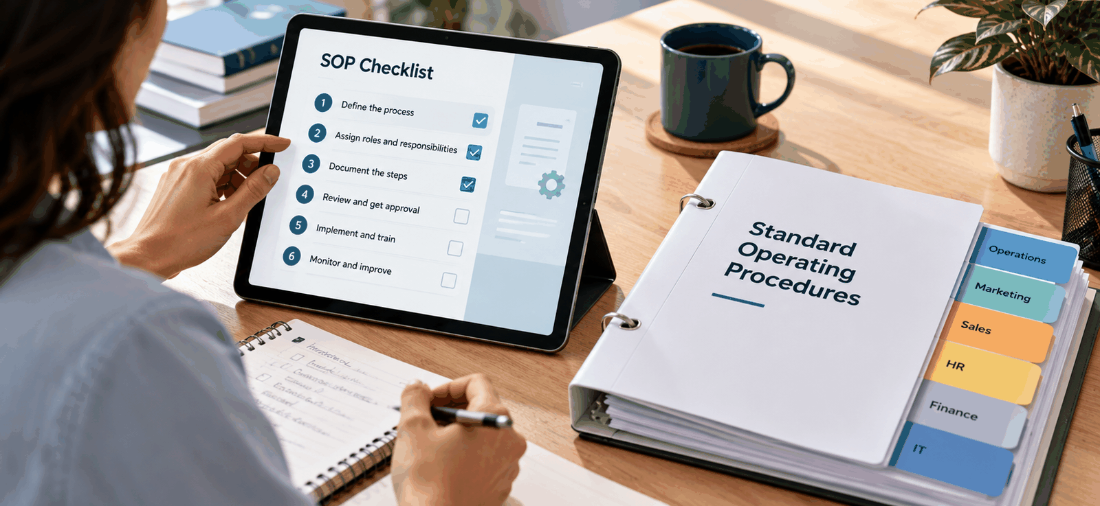 A team member reviews a digital SOP checklist on a tablet beside a printed Standard Operating Procedures binder with color-coded department tabs on a tidy office desk.
