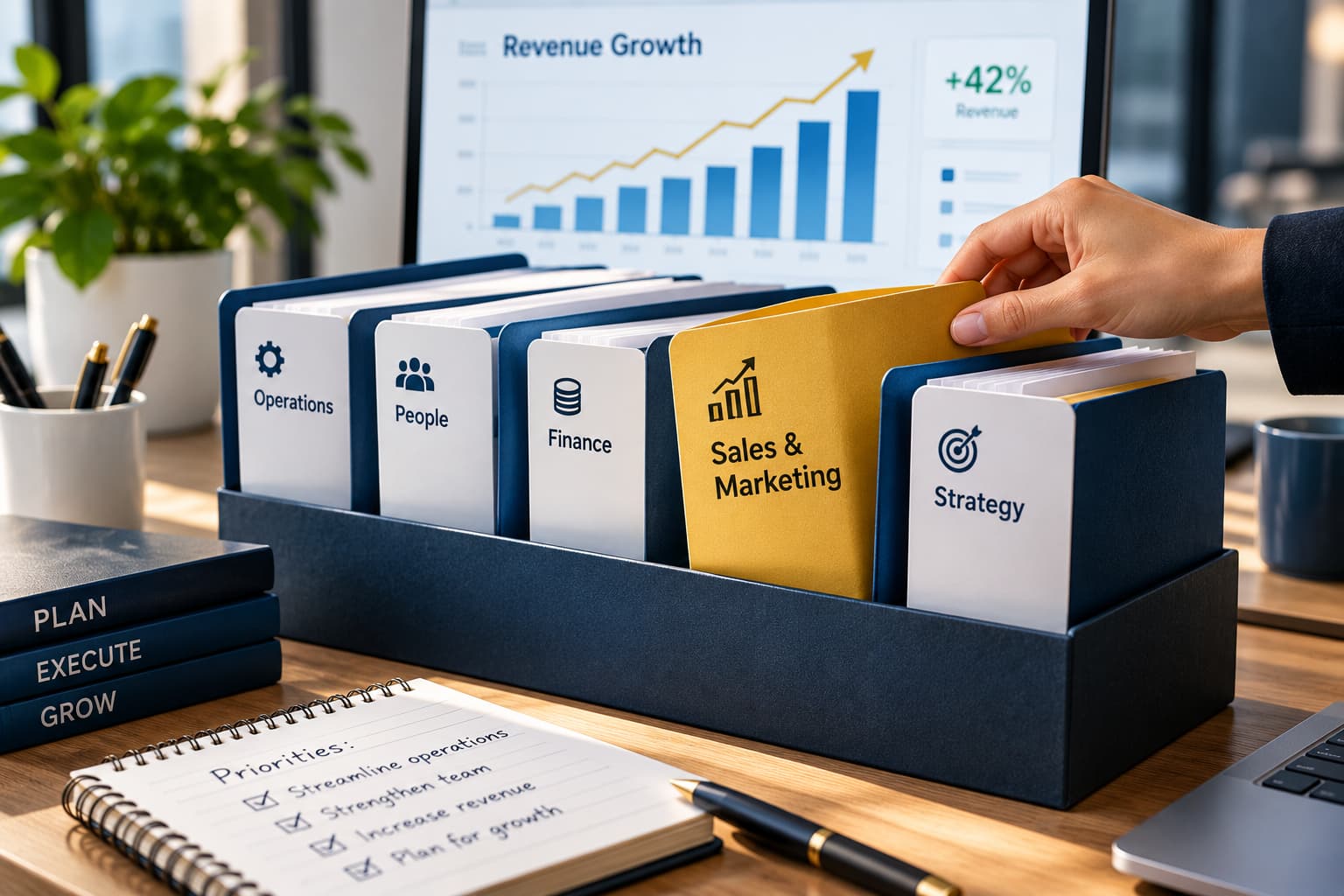 Organized business folders for operations, people, finance, sales and marketing, and strategy, with one highlighted for priority and a revenue growth chart in the background.
