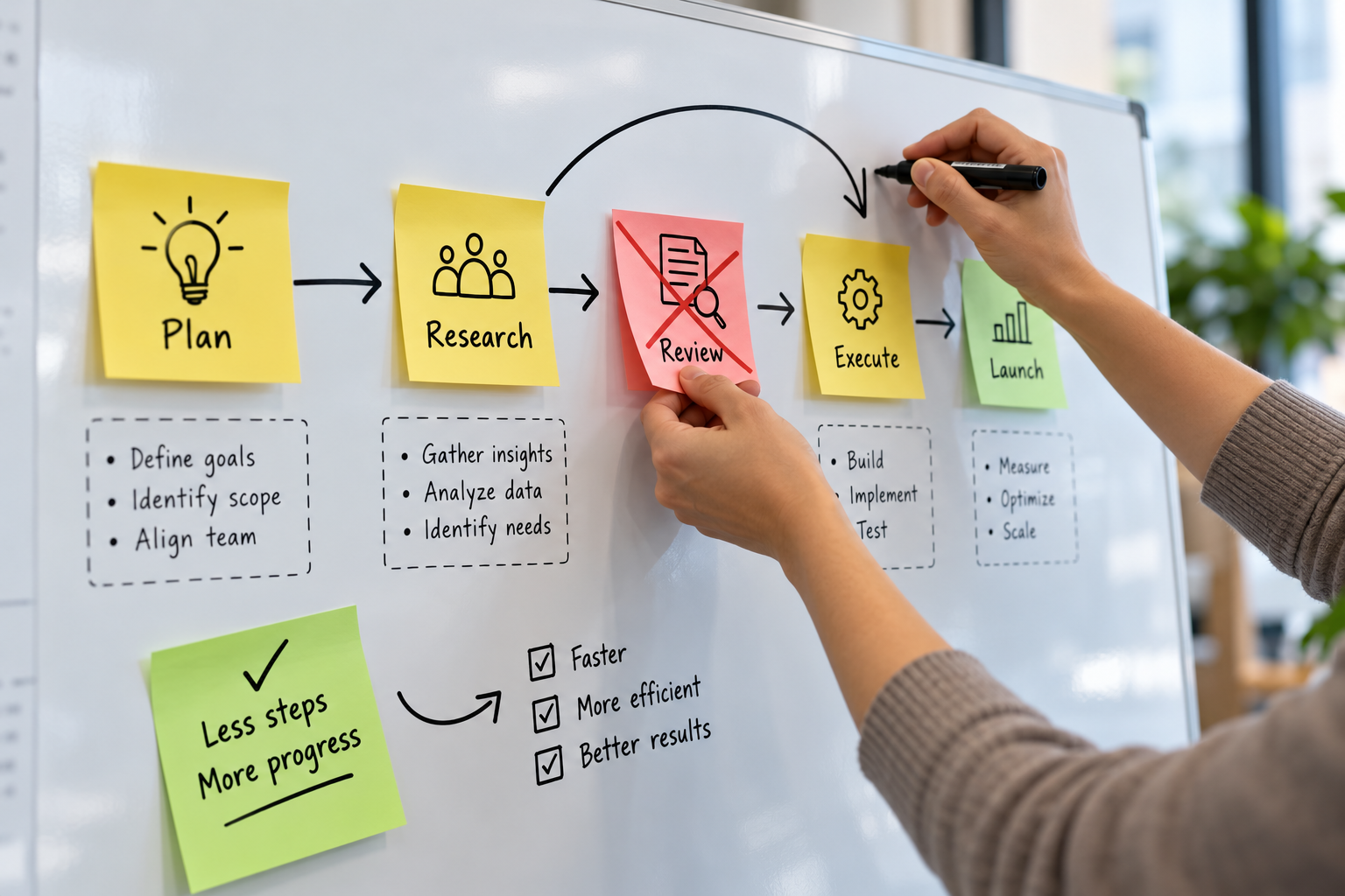 Hands removing a redundant review step from a whiteboard flowchart and drawing a shorter arrow to streamline the workflow, with yellow and green sticky notes.