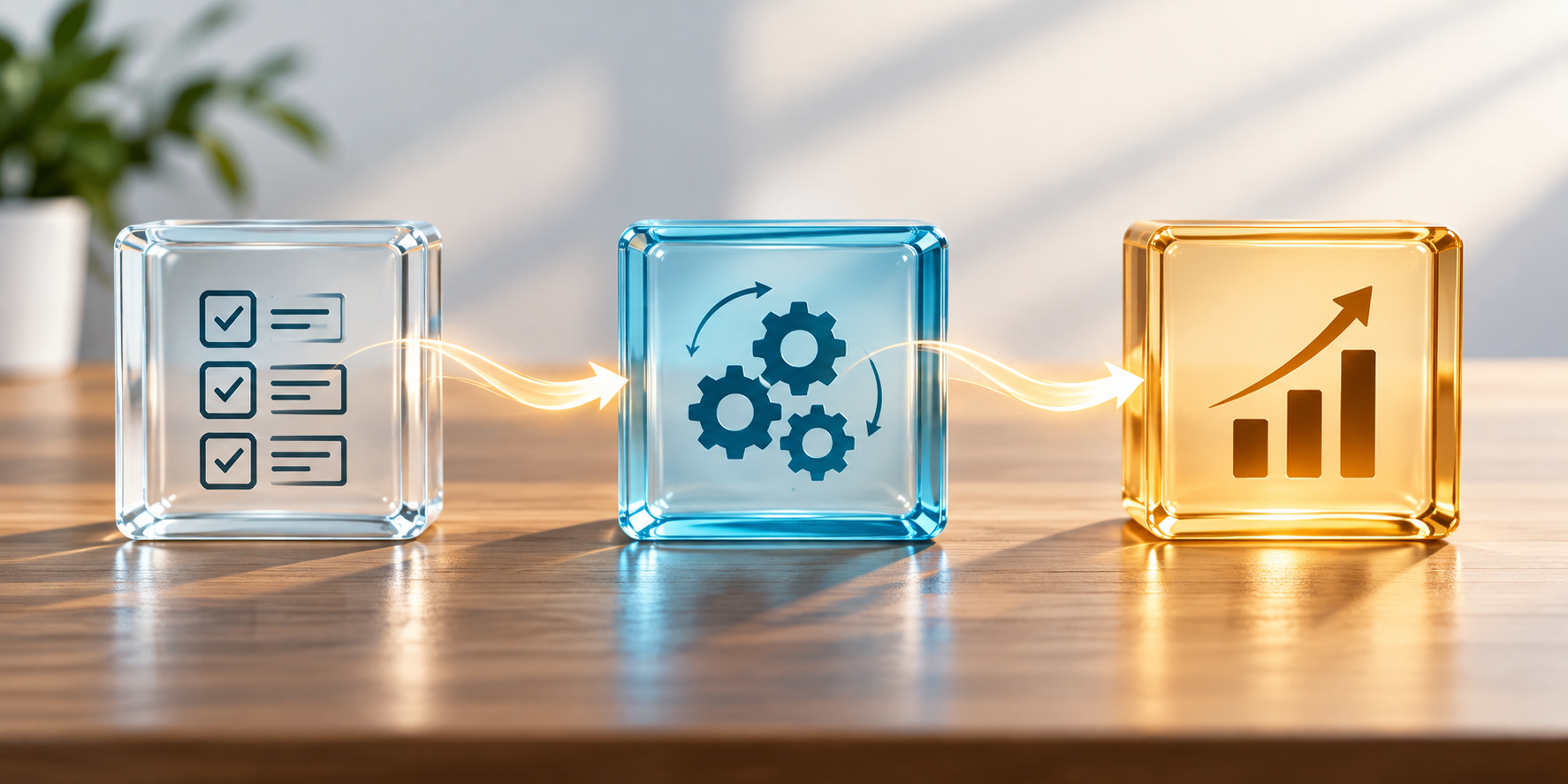 Three translucent glass blocks connected by glowing light, illustrating tasks evolving into structured processes and measurable business outcomes.