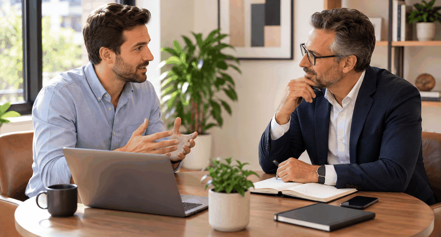 American small-business founder discussing business goals with a prospective fractional executive across a wooden table in a bright, modern office, with an open laptop and notebook.