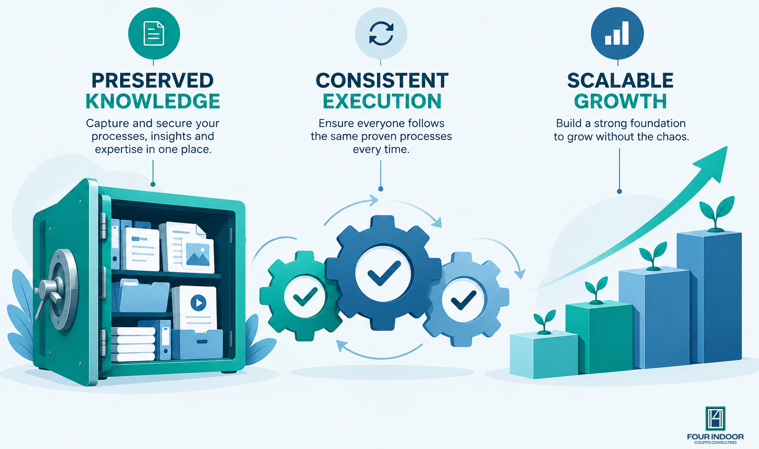 Vector infographic showing a vault for preserved knowledge, synchronized gears for consistent execution, and ascending blocks for scalable growth.