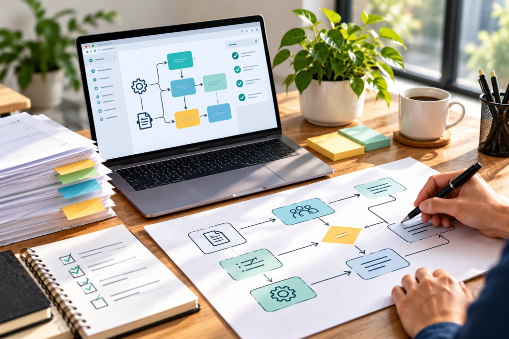 Business workspace with a laptop showing a workflow diagram, printed process charts, checklists, and a person documenting business processes.